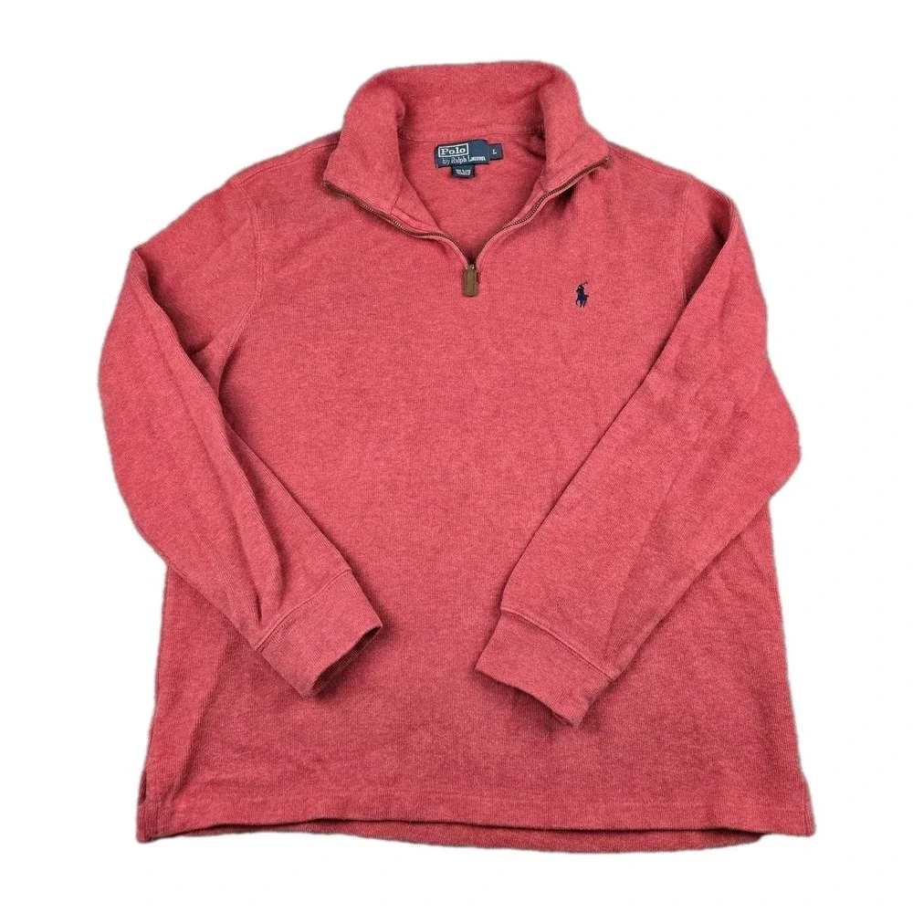 Polo Ralph Lauren Sweater Mens L Red Knit Cotton 1/4 Zip Pullover Preppy Pony - Picture 2 of 6